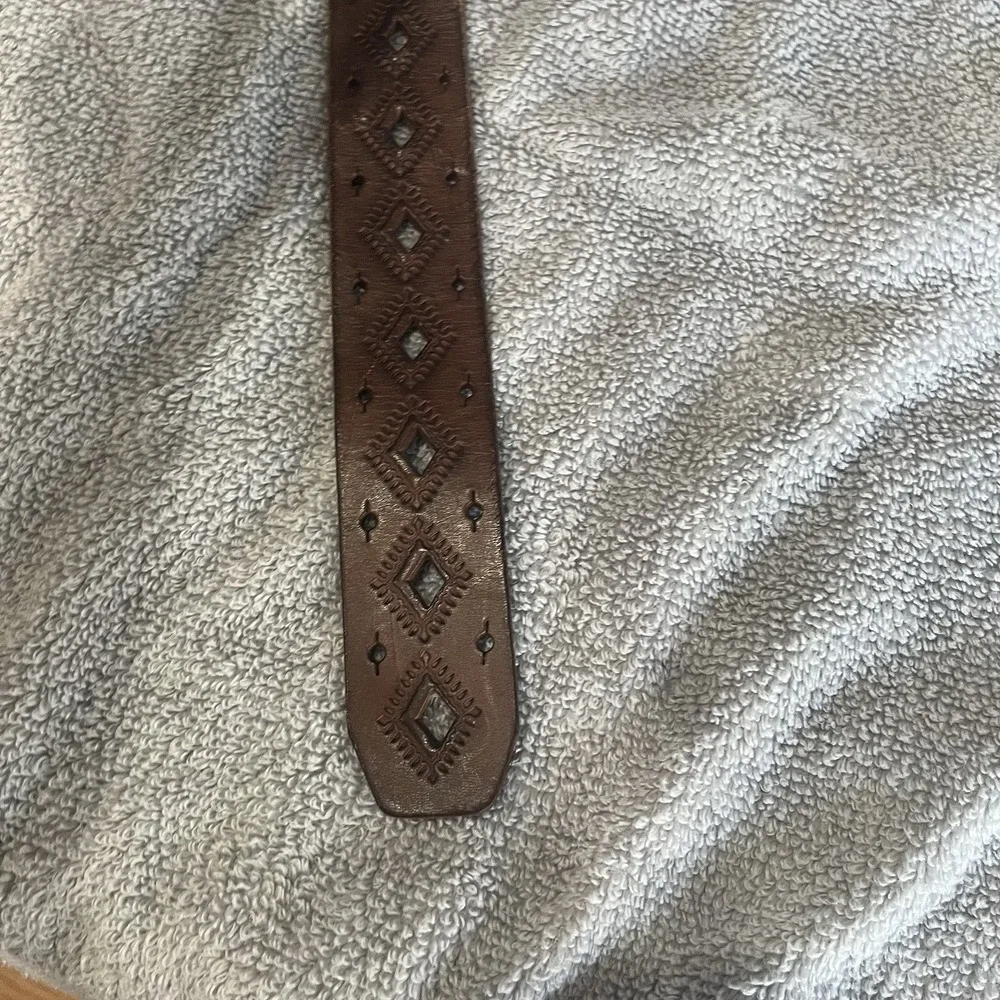 Fossil Brown Leather Laser Diamond Cut Belt Western Boho Large Hippie Unisex